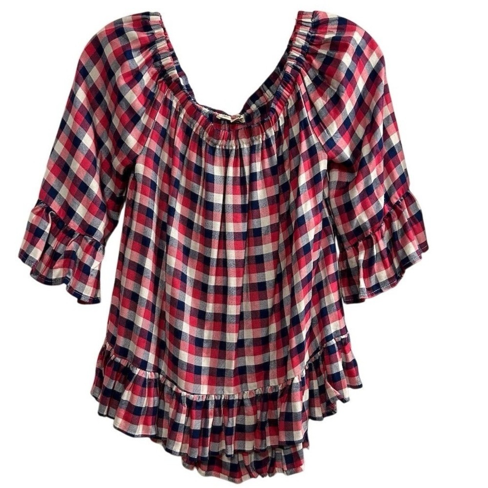 Jane And Delancey Women's Plaid Off Shoulder Blouse Size S Blue and Pink
